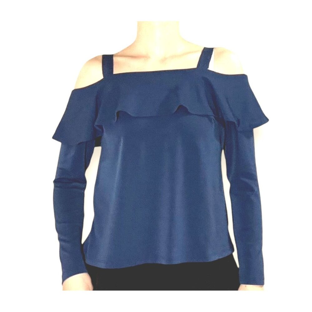 Size Small NAVY BLUE COLD SHOULDER CHIFFON BLOUSE Fall Boho Peasant Bohemian